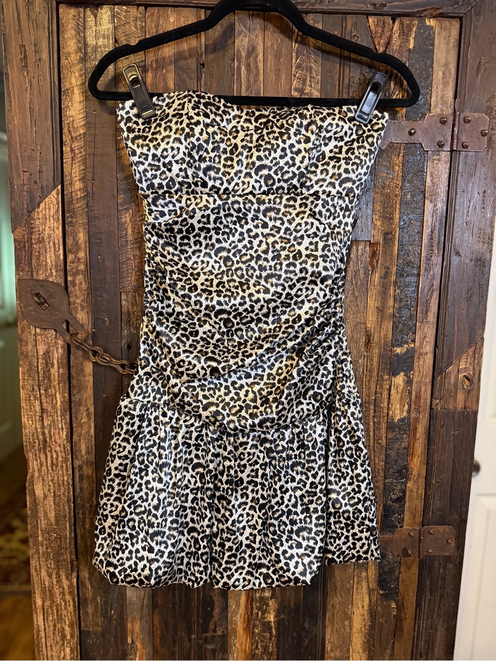 Y2K Ruby Rox Leopard Print Strapless Mini Dress M Ruched Bubble Hem Made USA